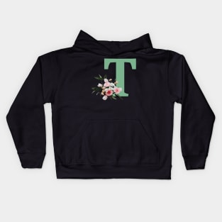 Letter T green with colorful flowers Kids Hoodie